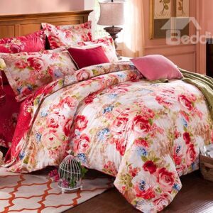 Peonies Print Bright Pink 4-Piece Cotton Duvet Cover Sets
