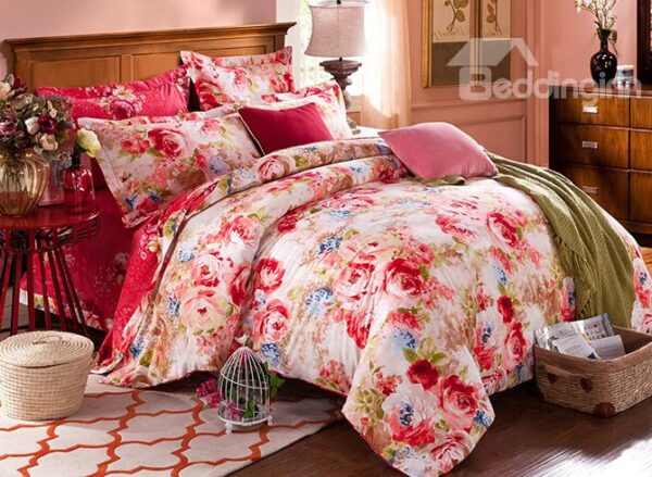 Peonies Print Bright Pink 4-Piece Cotton Duvet Cover Sets