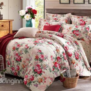 Rosy Peonies Print 100% Cotton 4-Piece Duvet Cover Sets