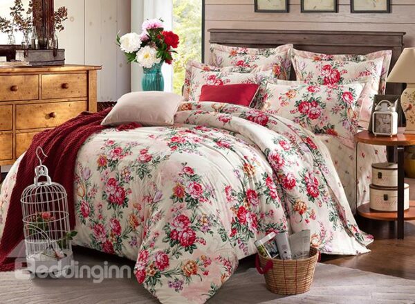 Rosy Peonies Print 100% Cotton 4-Piece Duvet Cover Sets