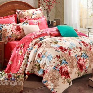 Magnificent Blooming Peonies Printing 4-Piece Cotton Duvet Cover Sets