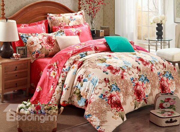 Magnificent Blooming Peonies Printing 4-Piece Cotton Duvet Cover Sets