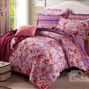 Beautiful Peonies Printing Rosy 4-Piece Cotton Duvet Cover Sets