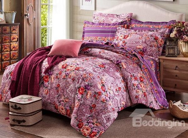 Beautiful Peonies Printing Rosy 4-Piece Cotton Duvet Cover Sets