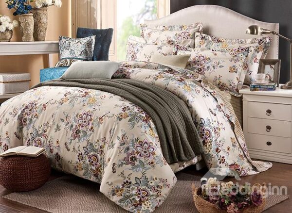 Pastoral Flowers Design 100% Cotton 4-Piece Duvet Cover Sets