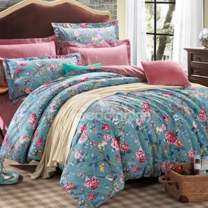 Pastoral Birds and Flowers Pattern 4-Piece Cotton Duvet Cover Sets