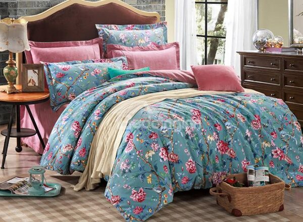 Pastoral Birds and Flowers Pattern 4-Piece Cotton Duvet Cover Sets