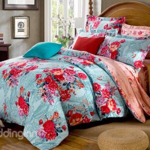 Red Peonies with Blue Background Design 4-Piece Cotton Duvet Cover Sets