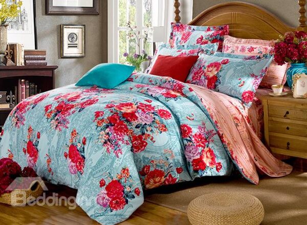 Red Peonies with Blue Background Design 4-Piece Cotton Duvet Cover Sets