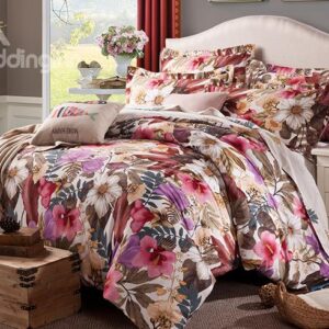 Elegant Colorful Big Flowers Printing Cotton 4-Piece Duvet Cover Sets