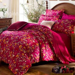 Graceful Flowers Fiery Red Cotton 4-Piece Duvet Cover Sets