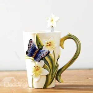 Wonderful White Flowers and Butterfly Pattern Ceramic Coffee Mug