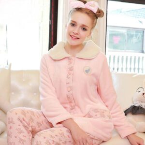 Lovely Rabbit and Bowknot Printinging Pink Flannel Pajamas Sets