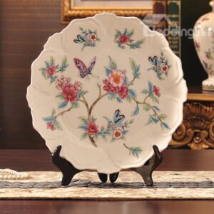 Wonderful American Country Style Butterfly and Flowers Ceramic Plate Desktop Decorations