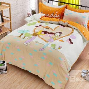 Sweet Journey Boy and Girl in Heart Shape Print Kids Duvet Cover Set