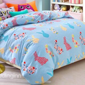 Light Blue Colorful Rabbits Pattern Kids Duvet Cover Set