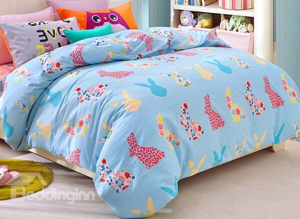 Light Blue Colorful Rabbits Pattern Kids Duvet Cover Set