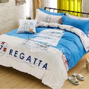 Ocean Blue Boat Print Kids Duvet Cover Set