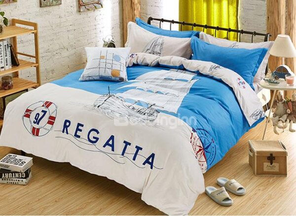 Ocean Blue Boat Print Kids Duvet Cover Set