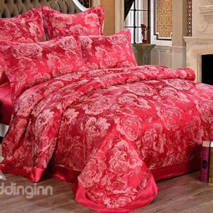 Classy Luxurious Red Flowers Printing Mulberry Silk 4-Piece Duvet Cover Sets
