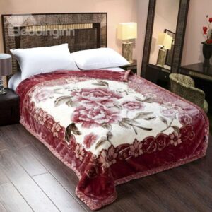 Graceful Peonies Printing Burgundy Cozy Raschel Blanket