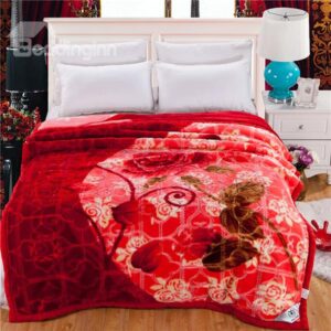 Beaming Red Flowers Printing Thick Raschel Blanket
