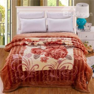 Elegant Brown Floral Design Thick Warm Raschel Blanket
