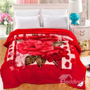 Fiery Red Floral Design Soft Raschel Blanket