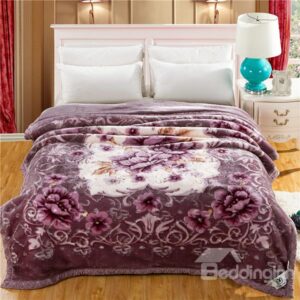 Light Purple Blooming Peonies Printing Raschel Blanket