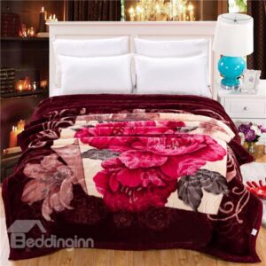 Big Red Flowers Printing with Dark Brown Background Raschel Blanket