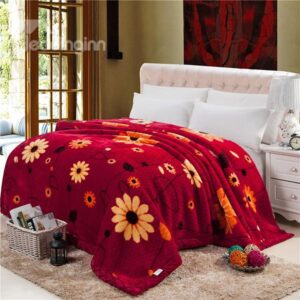 Small Flowers Printing Fiery Red Raschel Blanket