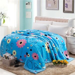 Graceful Pastoral Style Flowers Design Blue Raschel Blanket