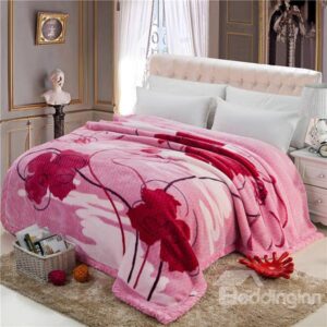 Elegant Flowers Printing Thick Pink Raschel Blanket