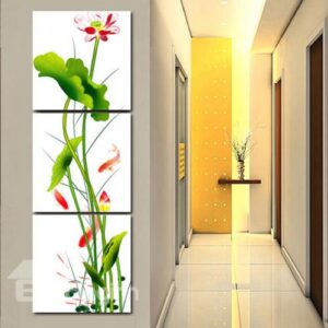 Classic Lotus Flower and Leaf Entrance Hall Decoration Frameless 3-Panel Wall Art Print