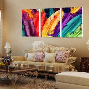 Unique Colorful Feathers Frameless 3-Panel Wall Art Print