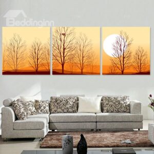 Modern Simple Leafless Tree Profile Against Sunset Frameless 3-Panel Wall Art Print