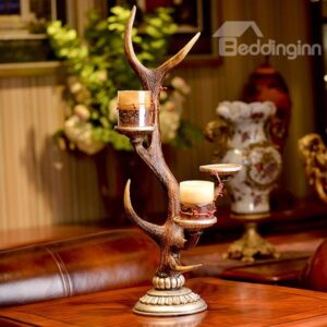 Vinatge European Style Deer Antler Resin 2-Head Candle Holder