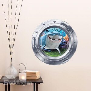 Popular 3D Porthole View Cartoon Smirky Shark Removable 3D Wall Sticker