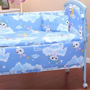 Blue Rabbit Playing on The Clouds Print Baby Crib Bedding Sets