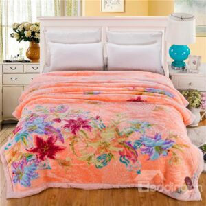 Fresh Colorful Floral Printing Apricot Raschel Blanket