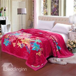 Graceful Floral Printing Red Cozy Raschel Blanket