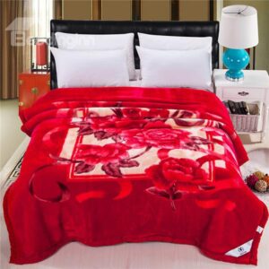 Fiery Red Flowers Printing Fluffy Raschel Blanket