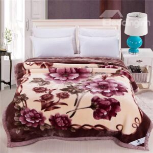 Dark Red Flowers Printing Plush Raschel Blanket