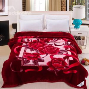 Plush Raschel Blanket with Graceful Red Flowers Printing