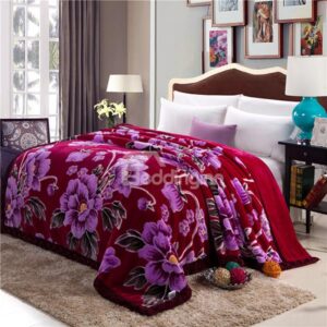Top Class Purple Flowers Printing Thick Raschel Blanket