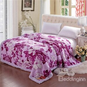 Exquisite Purple Flowers Printing Warm Raschel Blanket