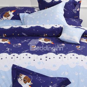Dark Blue Cute Dog in Space Satellite Pattern Kids 3-Piece Duvet Cover Sets
