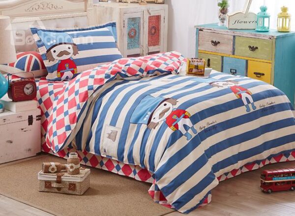 Blue Stripes and Cute Soldier Pattern Kids 3-Piece Duvet Cover Sets