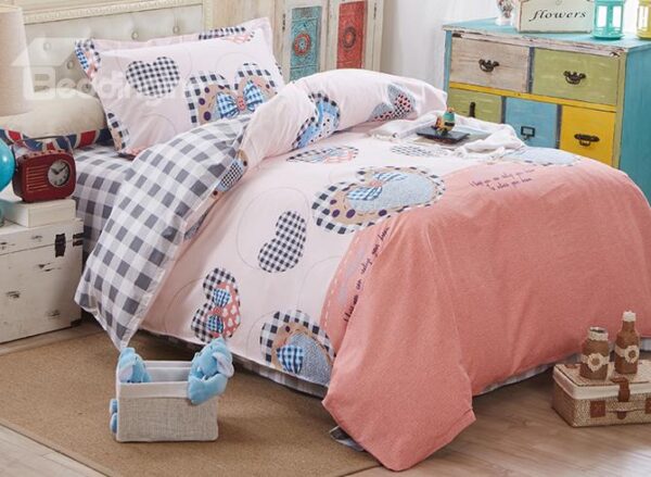 Adorable Heart Shape and Bowknot Print Kids Cotton Duvet Cover Sets