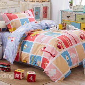 Colorful Plaid Pattern and Giraffe Print Kids Cotton 3-Piece Duvet Cover Sets